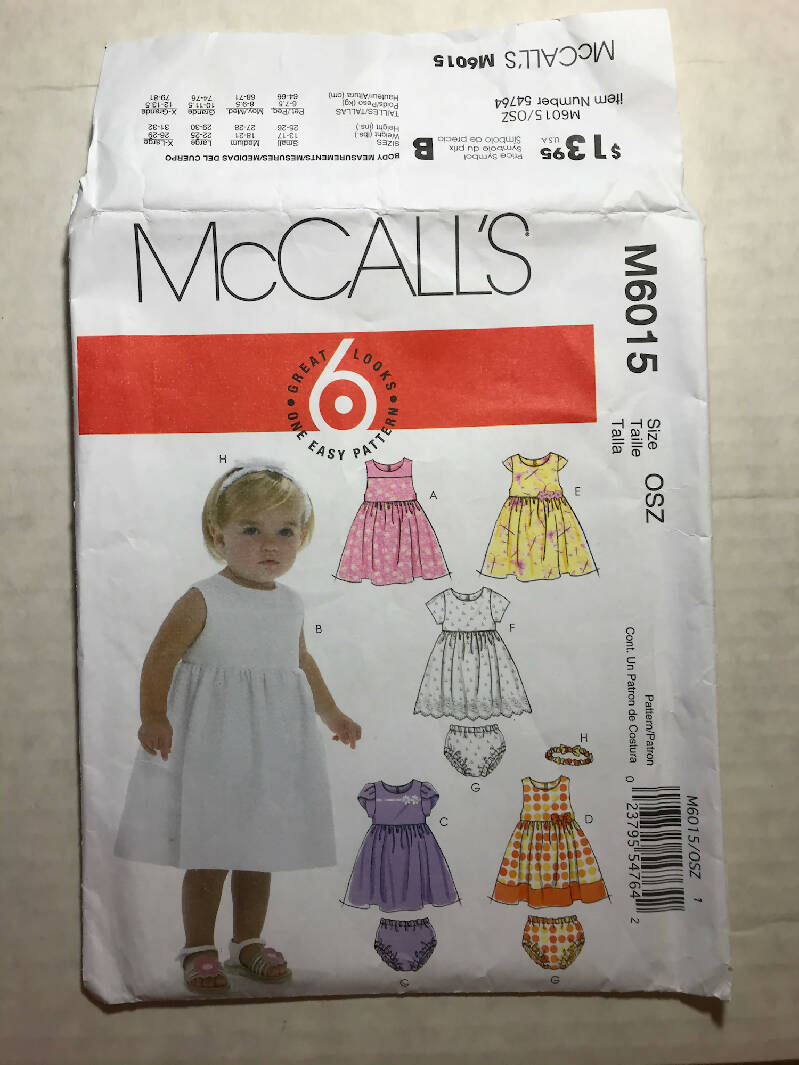 McCalls 6015 Sewing Pattern - UNCUT - All Sizes - Infant Lined Dresses, Panties, and Headband