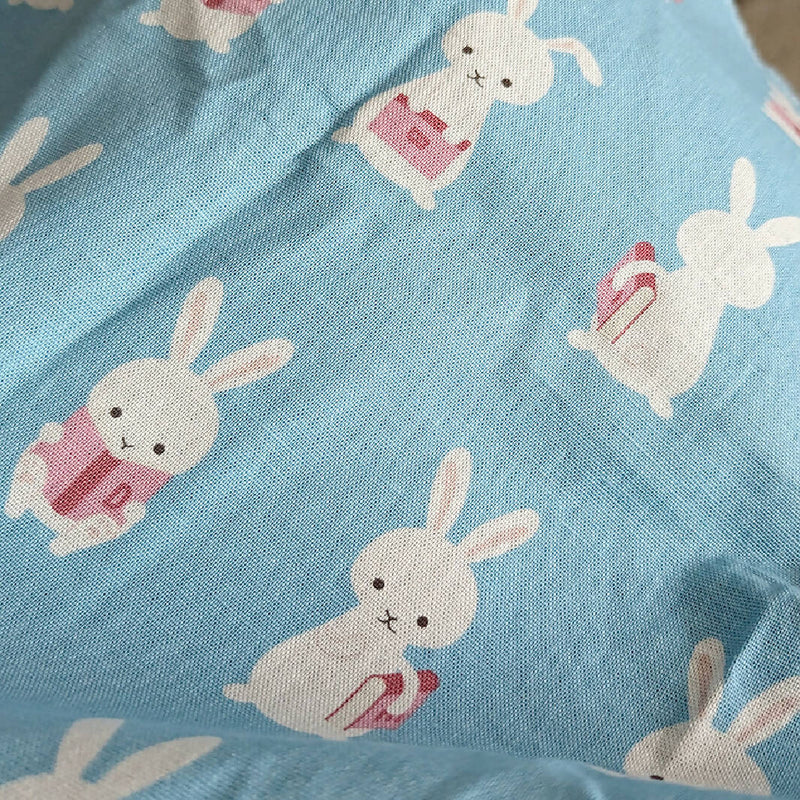 Rabbits Reading Books Soft Canvas Fabric in Light Blue (21.5X15 in * 2 pieces available)
