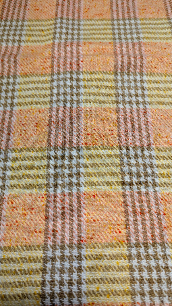 Vintage Peach/Yellow/Tan Plaid Houndstooth Wool Tweed Coating 56"W - 30"L
