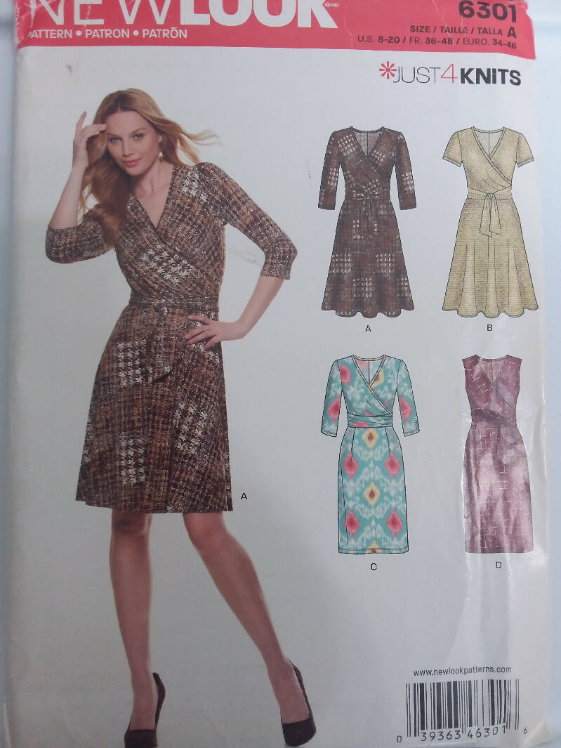 New Look 6301 just4knits wrap dress flared or straight skirt. Uncut size 8 - 20