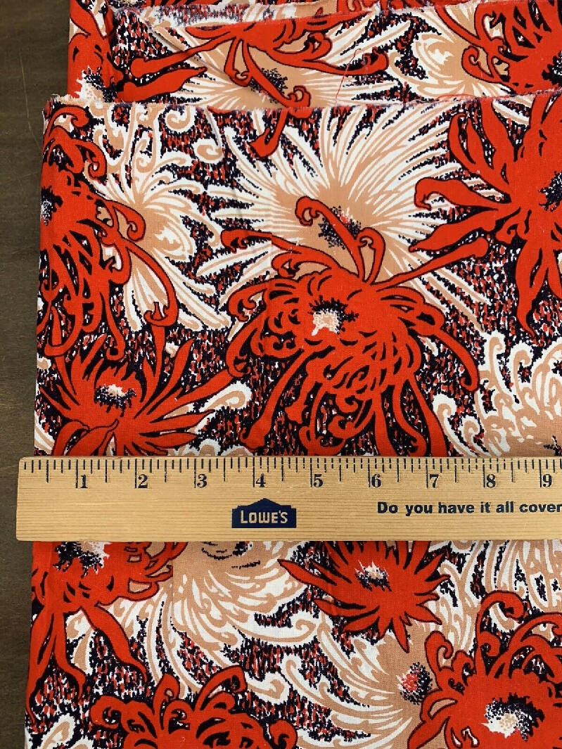 Vintage Large Floral Chrysanthemum Red Orange Black Apparel Cotton 2 yards x 50"