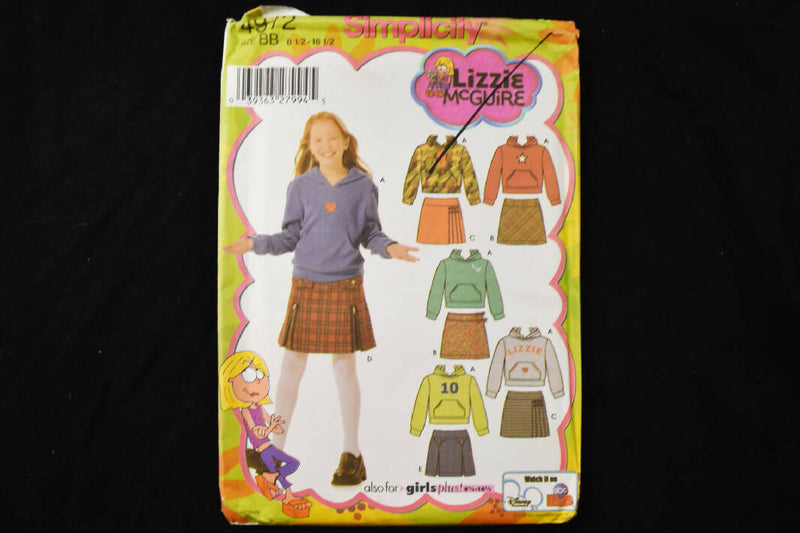 2004 Simplicity 4972 UNCUT Lizzie McGuire Girls Plus Skirts and Knit Top Sewing Pattern - Sizes 8 1/2, 10 1/2, 12 1/2, 14 1/2, 16 1/2