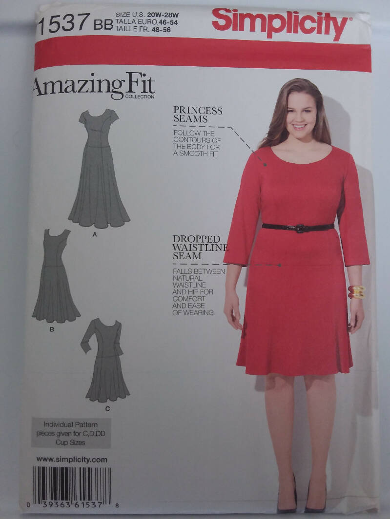Simplicity 1537 Womens Dress in Three Lengths w/Silm, Average and Curvy Fit Size 20W - 28W Uncut