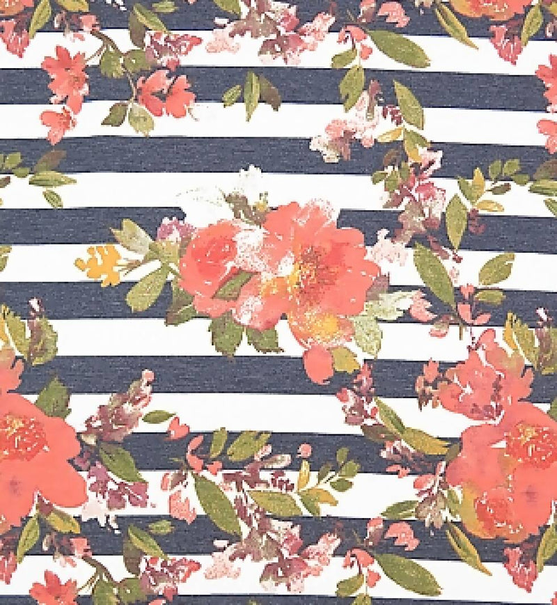 4 yds Floral Over Horizontal Stripe - French Terry Knit 60W