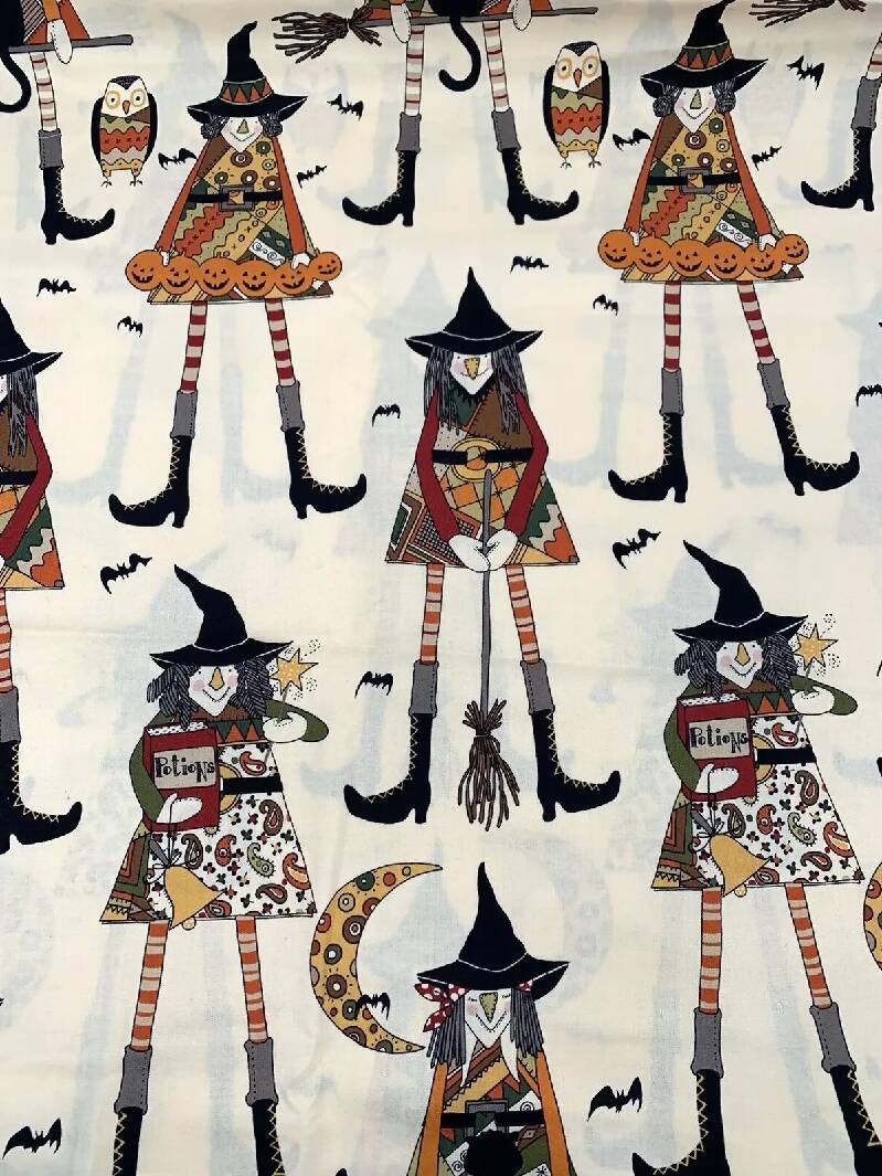 Alexander Henry Fabric 2008 Witches In Stitches 1.5 Yards Cream Bats Cats Halloween