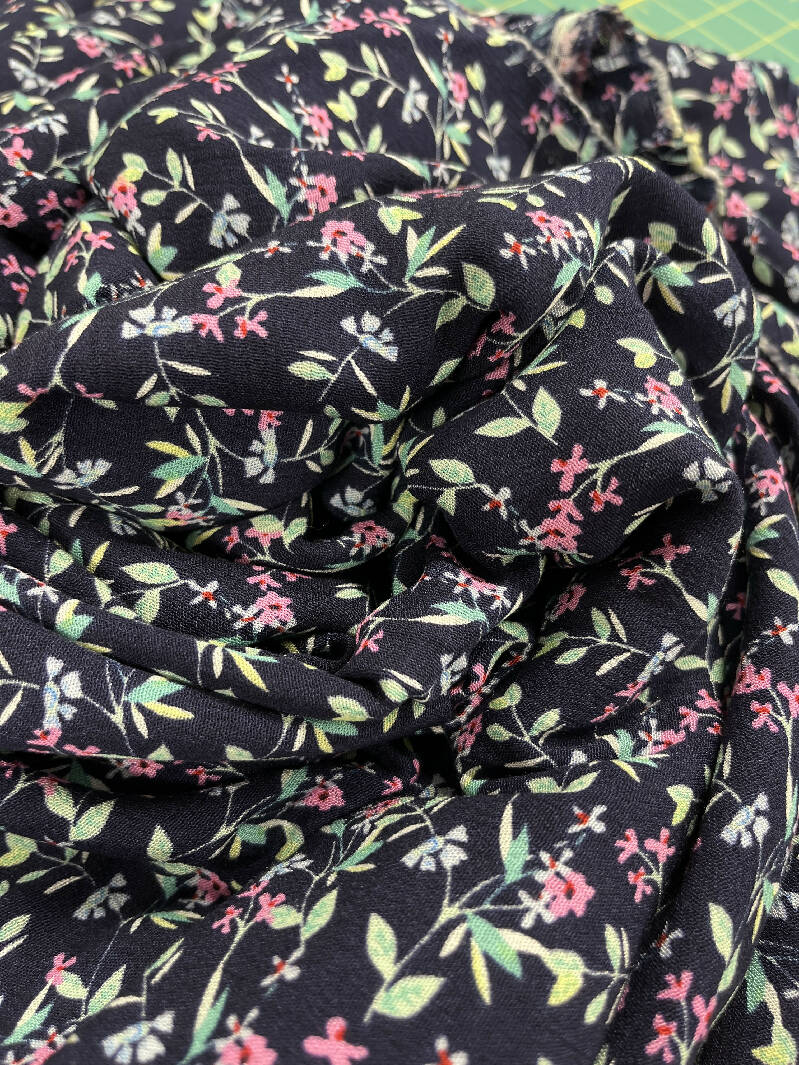 Navy Rayon crepe pink floral pattern 3 yards