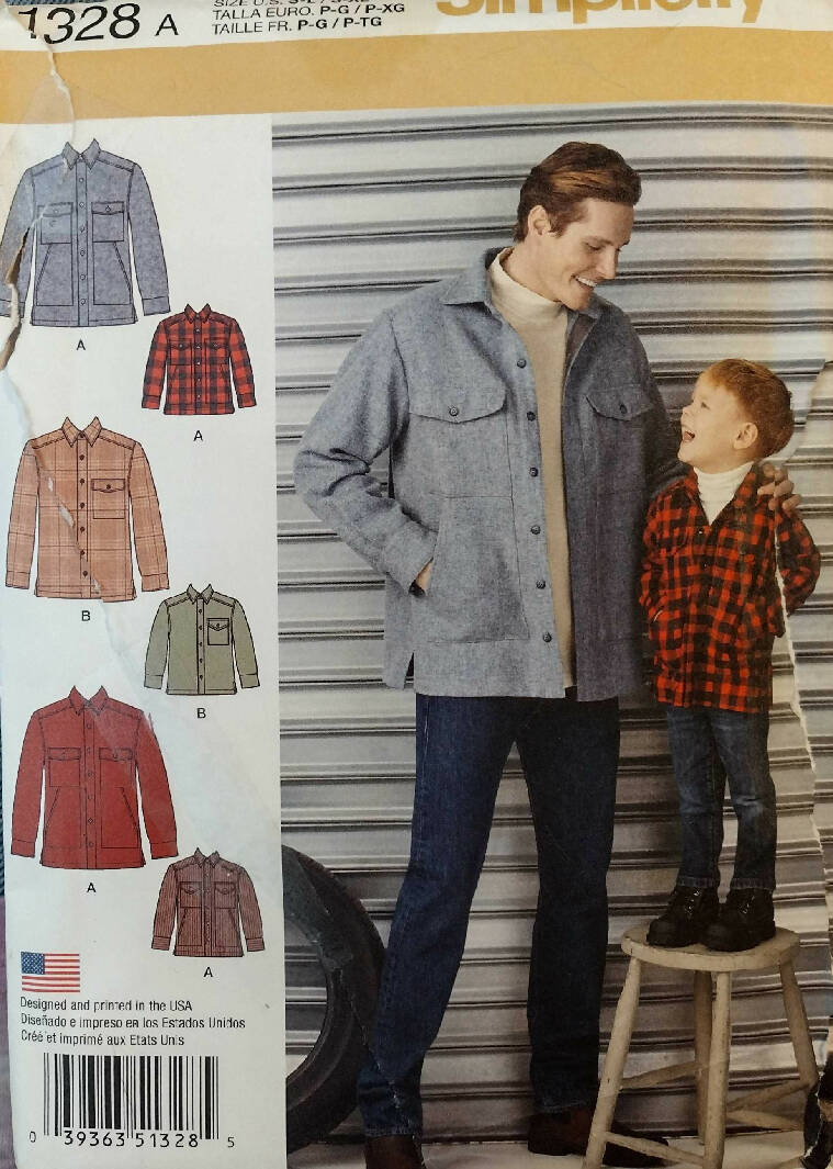 Simplicity Sewing Pattern 1328 Size S-L/S-XL Matching Father & Son Shirt Jackets Uncut - Envelope is Torn/Contents Intact/Brand New