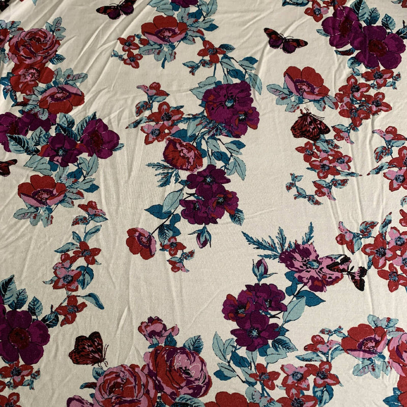 Rayon Knit Floral with Butterflies, White/Pink/Teal, Lightweight, 2.5 yards, 62" wide
