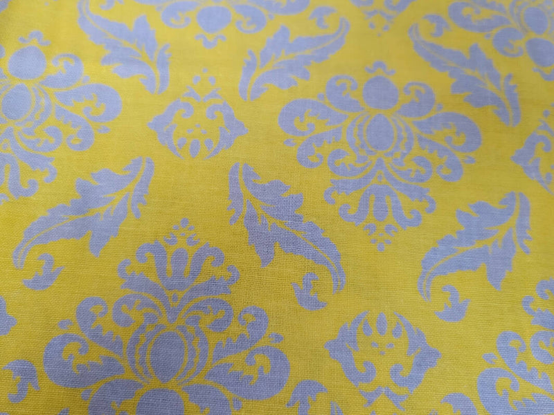 Cotton Fabric in Yellow am& Grey Damask - 2 YDS