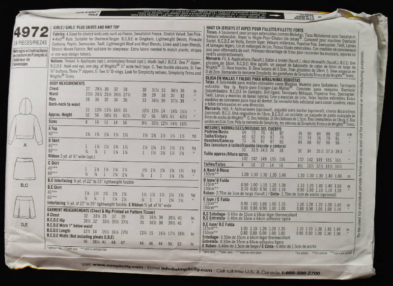 2004 Simplicity 4972 UNCUT Lizzie McGuire Girls Plus Skirts and Knit Top Sewing Pattern - Sizes 8 1/2, 10 1/2, 12 1/2, 14 1/2, 16 1/2
