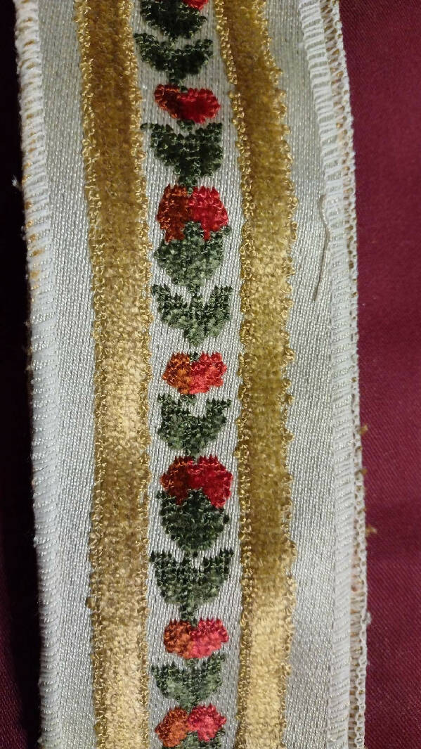 3 Yards 10" Vintage Fabric Trim, 2 1/2" Wide Red Flowers/Green Stems/Gold Trim