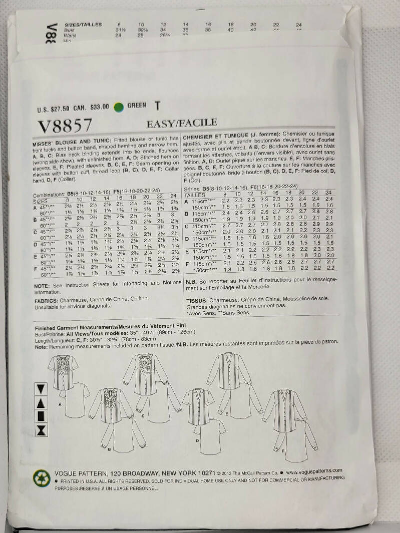 Vogue V8857 Blouse pattern Misses sizes 16-24