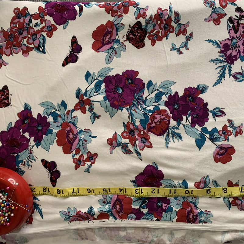Rayon Knit Floral with Butterflies, White/Pink/Teal, Lightweight, 2.5 yards, 62" wide
