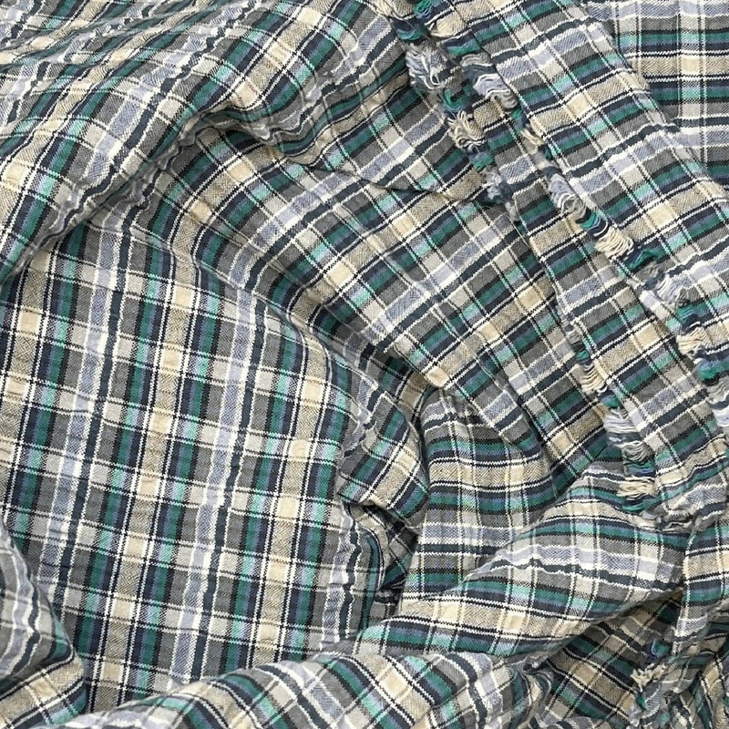 Gray and Teal Plaid Textured Cotton Shirting - 3.5 Yds