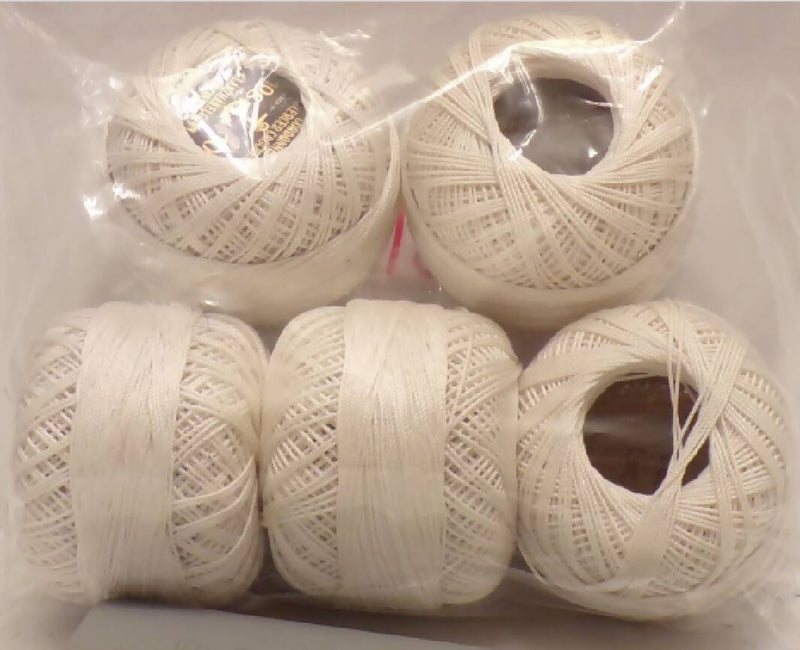 Cordonnet Mercer Crochet Size 10; White; Lot of 5 Balls; Germany; Vintage