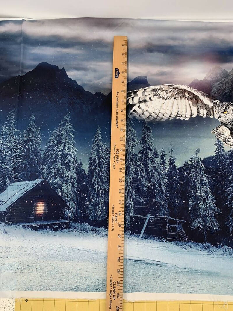 Hoffman Digital Call of the Wild Mountain Owl Cabin Scene Fabric Panel 27"x42"