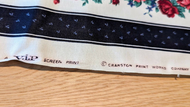 Vintage Navy Blue Striped Floral Quilting Cotton Woven Fabric 45"W - 3 1/2 yd