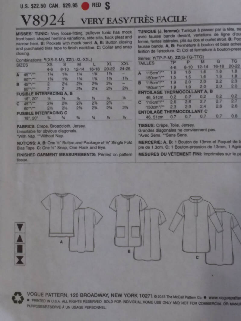 Vogue 8924 Very Easy Loose-fitting Pullover Tunic