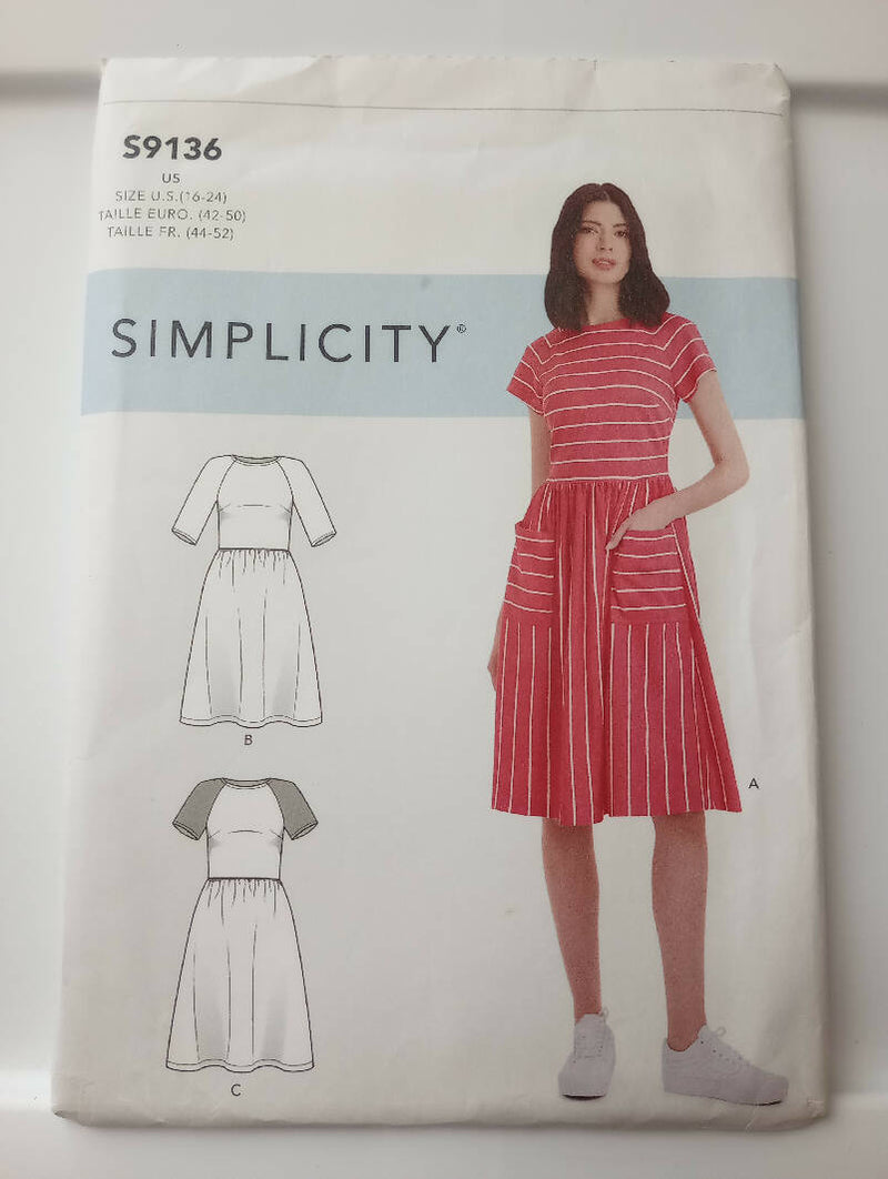 Simplicity 9136 16 - 24. dress with Gathers and Raglan sleeve Variations.