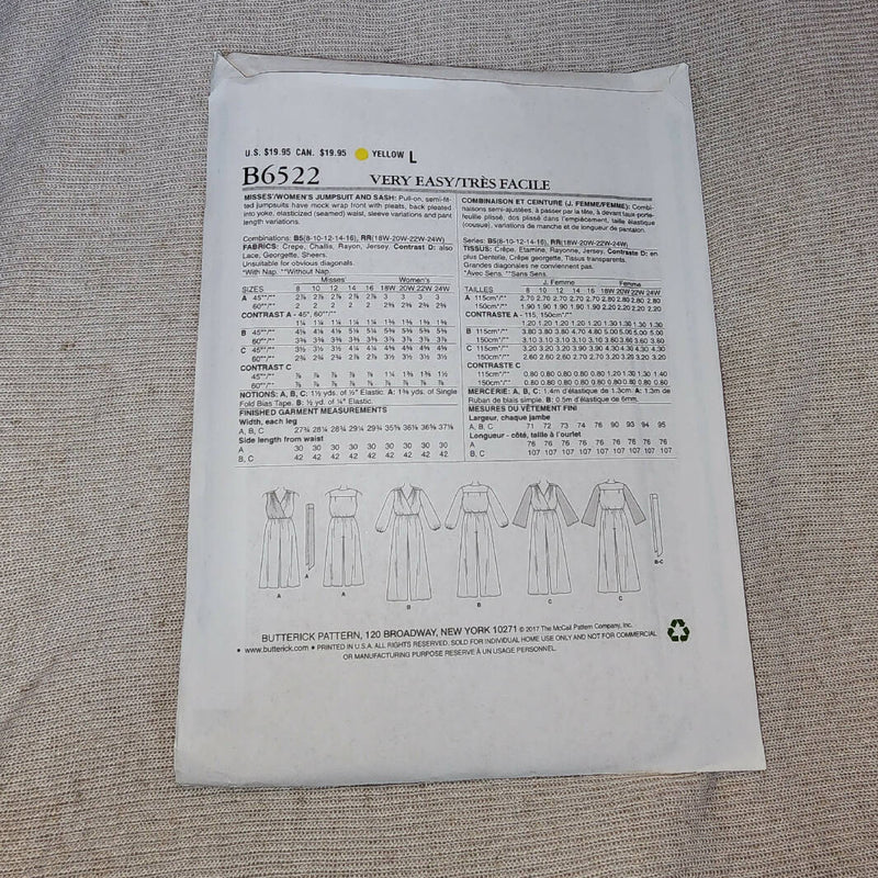 Butterick 6522 - Misses Jumpsuit, UC/FF, SZ 8-16