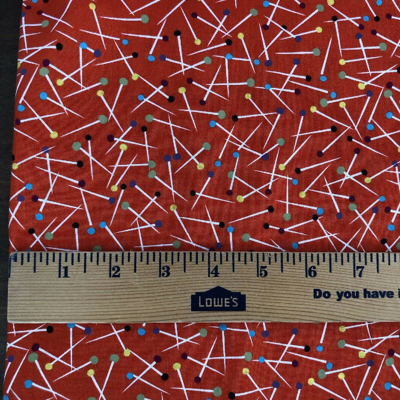 MICHAEL MILLER Fabric Pin Scatter Vintage Sewing Notions Print Red 1 Yard 32”