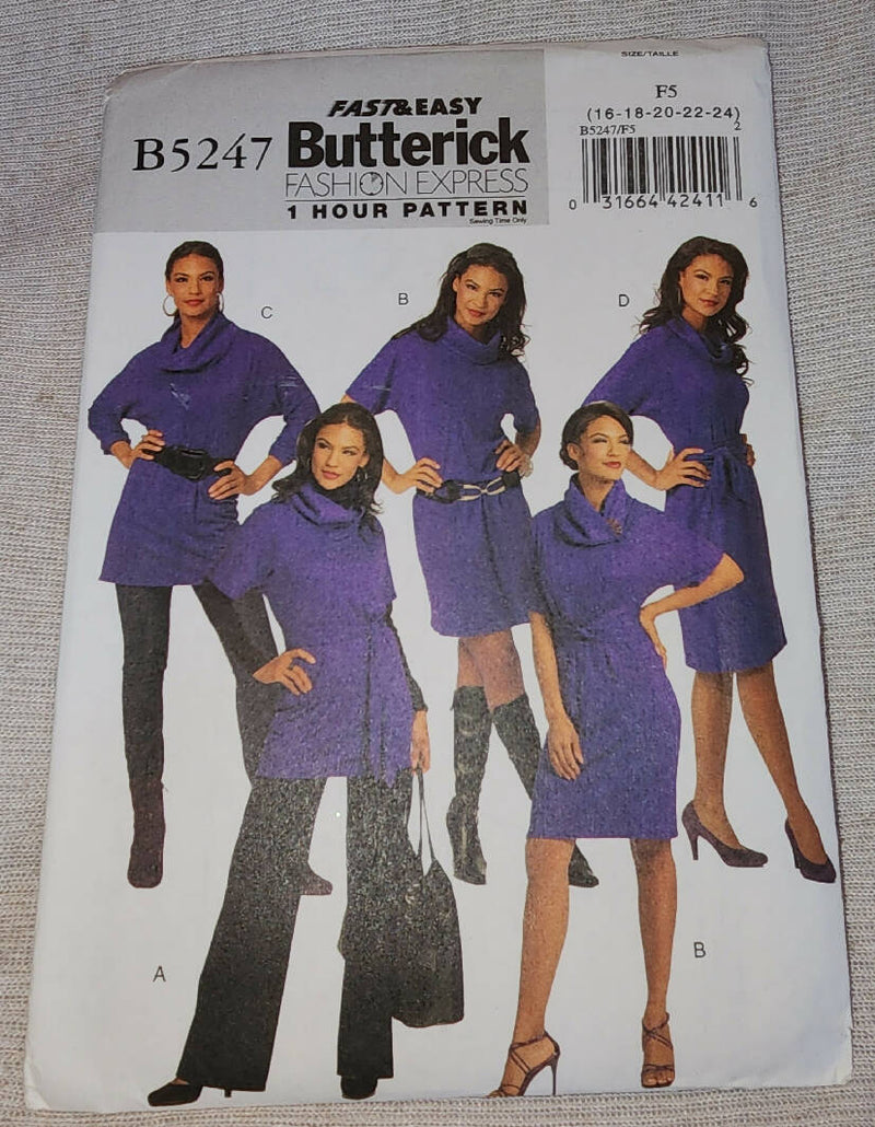 Butterick 5247 - Misses Tunic & Dress, UC/FF, SZ 16-24