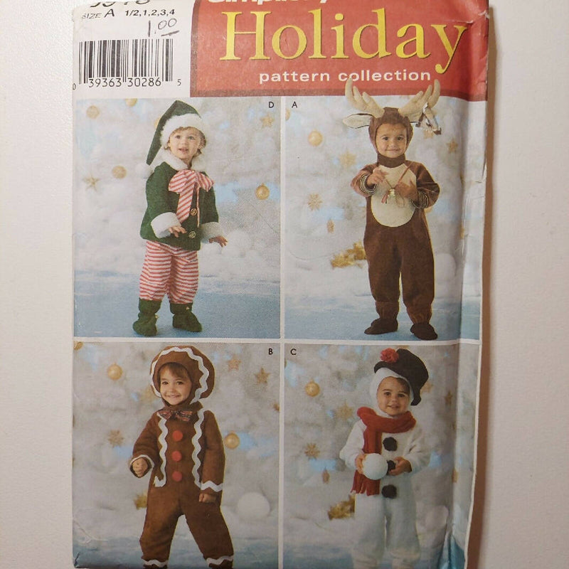 Simplicity 3916 CHRISTMAS COSTUMES Toddler Elf, Reindeer, Gingerbread, Snowman Up to Size 4