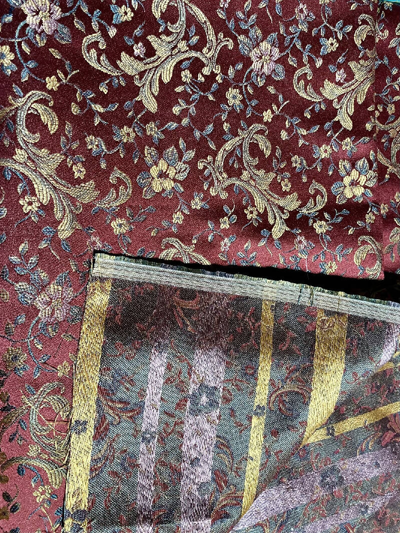 Burgundy Satin Brocade Upholstery Fabric & Coordinating Trim