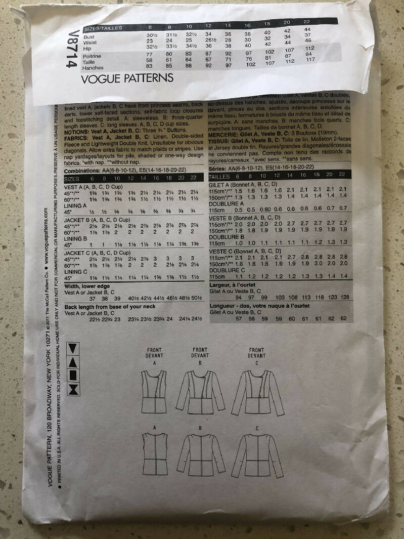 Vogue Pattern No. V8714 - Misses Vest and Jacket