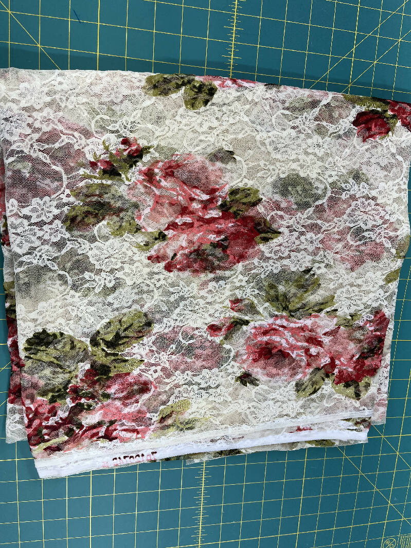 Stretch Lace Ecru with red/green floral motif 3yd 60”