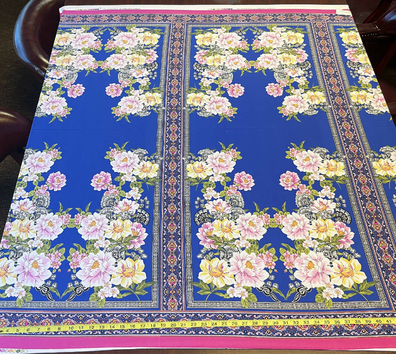 Royal Blue and Pink Polyester Panel Print Knit - 3 Yds