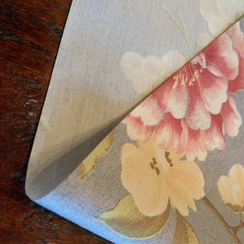 Blue, Cream and Pink Polyester and Cotton Sateen Floral Print - Yardage