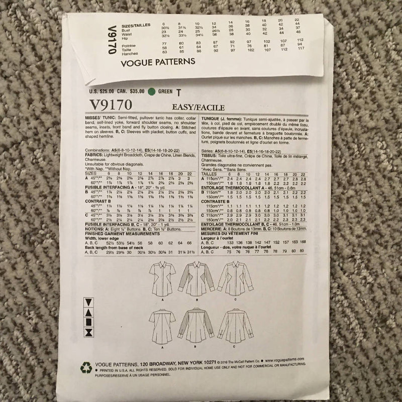 Vogue 9170 Misses Shirt Pattern