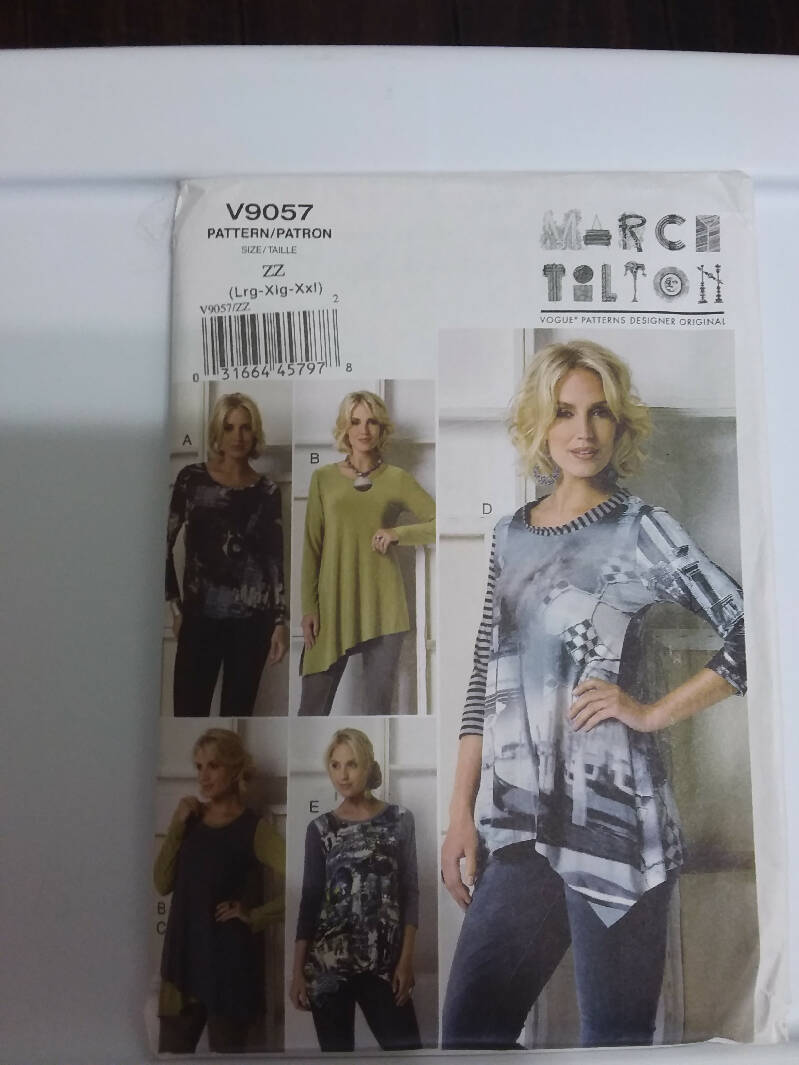 Vogue 9057 Pullover top (loose-fitting through bust) has neckline and shaped hemline variations. Lrg-xlg-xxl. Uncut