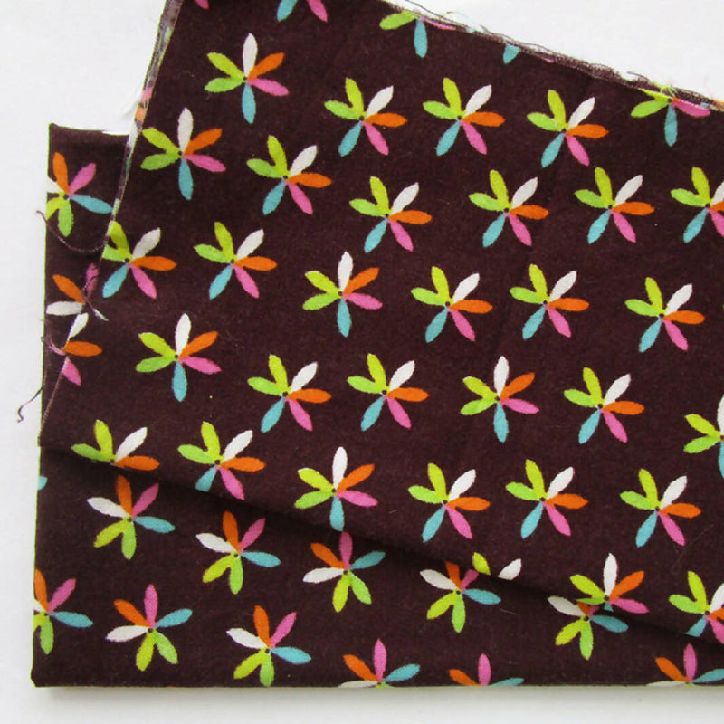 Cotton Quilting Fabric, Colorful Flowers on Brown, 2 Pieces