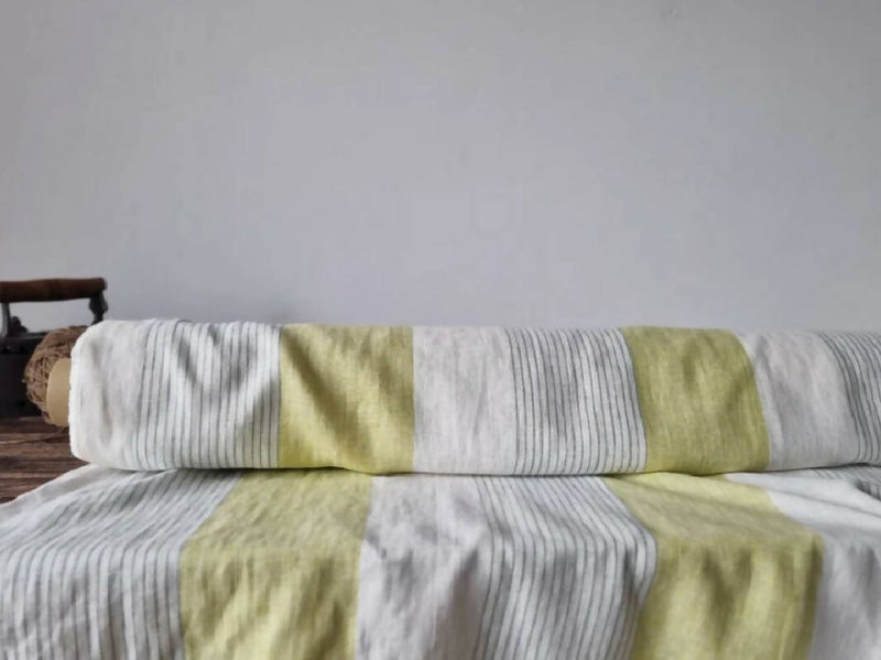 Milk white with chartreuse stripes linen fabric - 2 yards