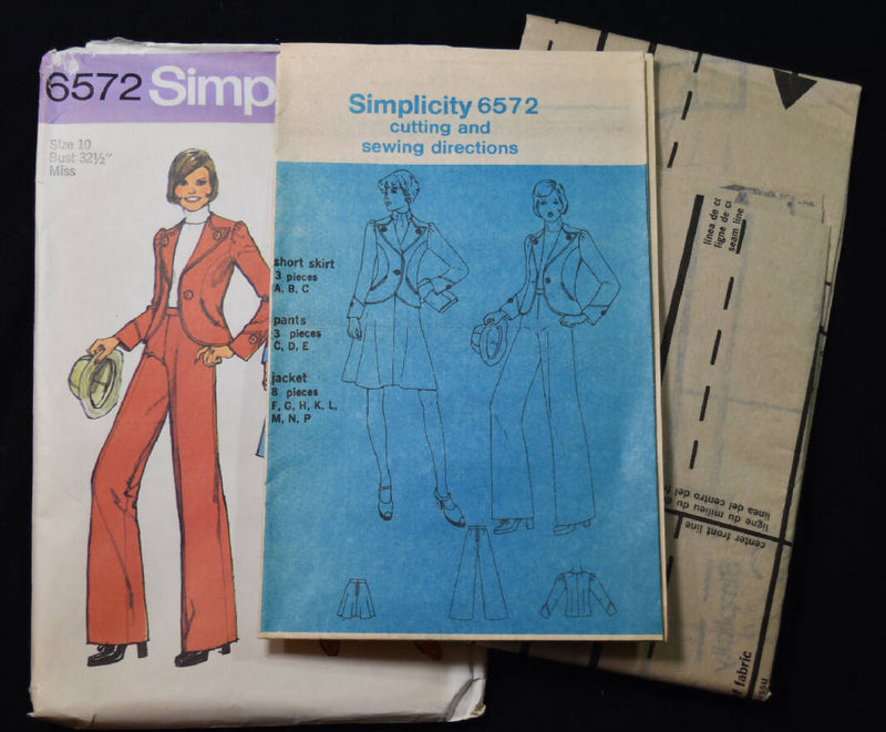 Vintage 1974 - Simplicity 6572 Womens Misses Jacket, Skirt, Pants Sewing Pattern UNCUT - Size 10 - Unlined Jacket, Short Skirt