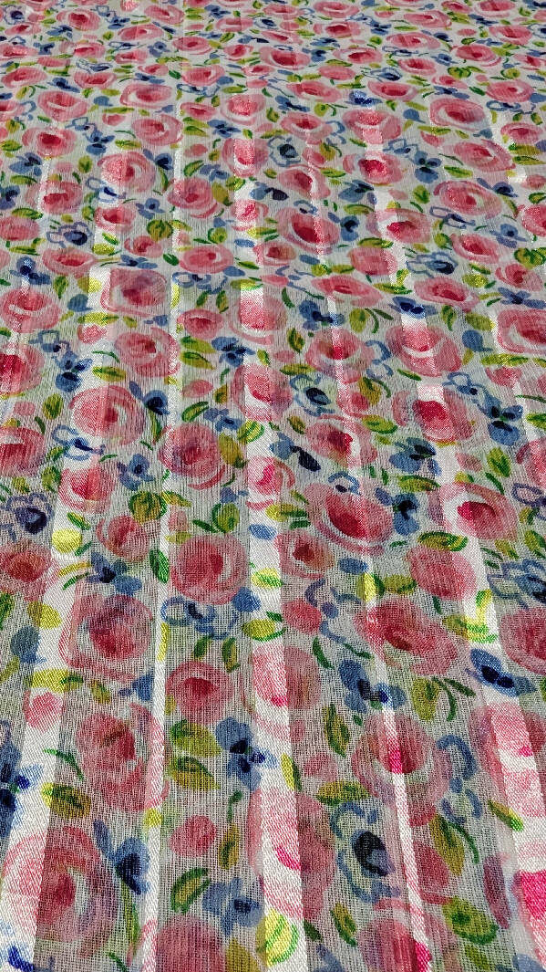 Pink/White Striped Painterly Floral Print Chiffon Woven Fabric 46"W - 1 1/2 yd