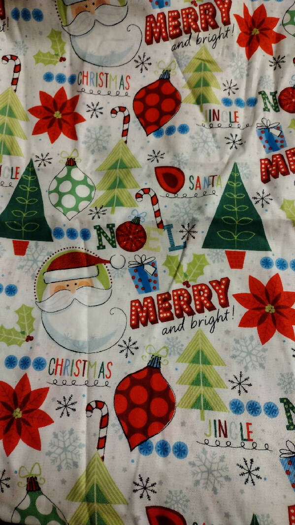 New/Unused Merry and Bright Santa Claus Noel Christmas Fabric by Brother Sister Design 100% Cotton 2018 1 1/4 Yard, Jingle, Santa, Christmas, Bulbs, Candy Cane, Poinsettia, Holly, Snow Flakes, Gift - Adorable!