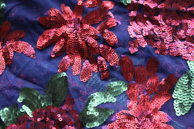 Sequin Red Roses on Blue Mesh