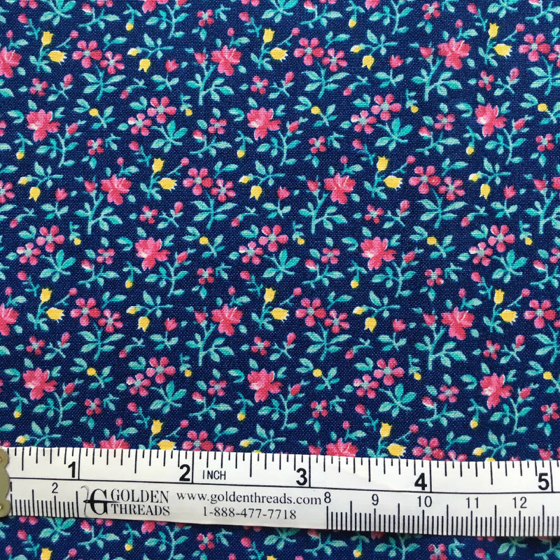 FABRIC Pink Flowers Teal Stems on Navy 1 yd
