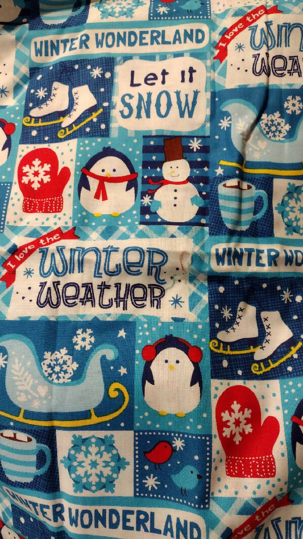 2 Yards Winter Wonderland Christmas Fabric 100% Cotton Christmas Fabric New Unused Winter Wonderland with Snowmen, Snow flakes, Penguins, Mittens, Skates, Sleds, Let it Snow, I love the winter weather. Style 48516
