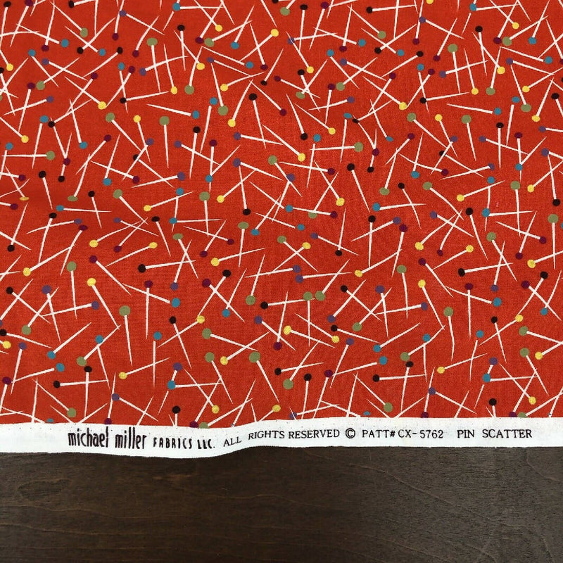 MICHAEL MILLER Fabric Pin Scatter Vintage Sewing Notions Print Red 1 Yard 32”