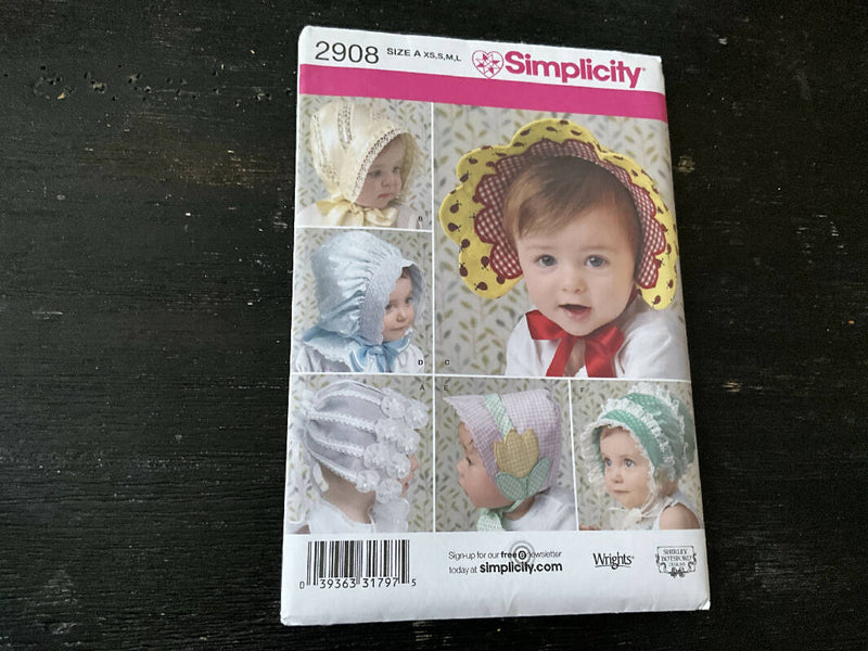 Simplicity 2908 - Baby Bonnet Pattern, Unopened, US Sizes XS-L