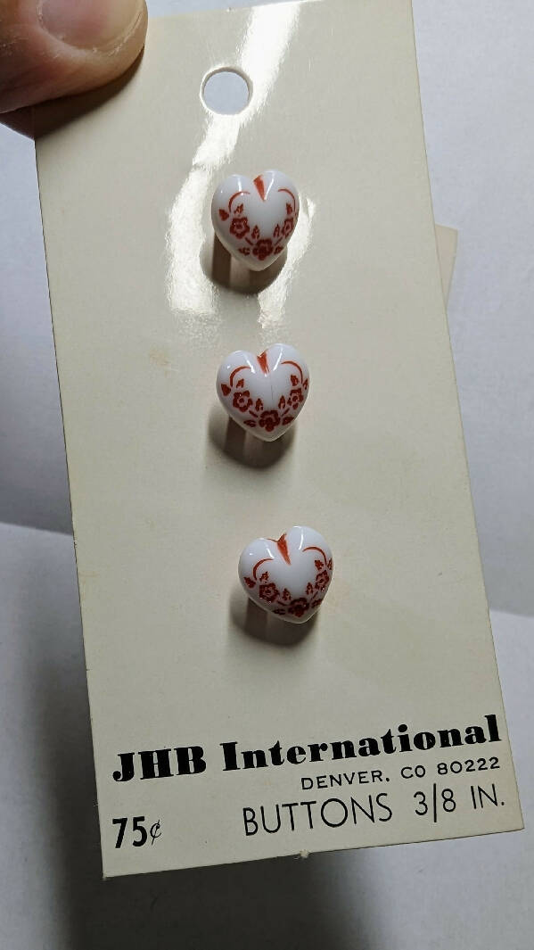 Vintage JHB International White/Red Heart Shaped Shank Buttons - Lot of 6