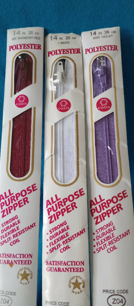 Zippers, 14" polyester, Lot of 3