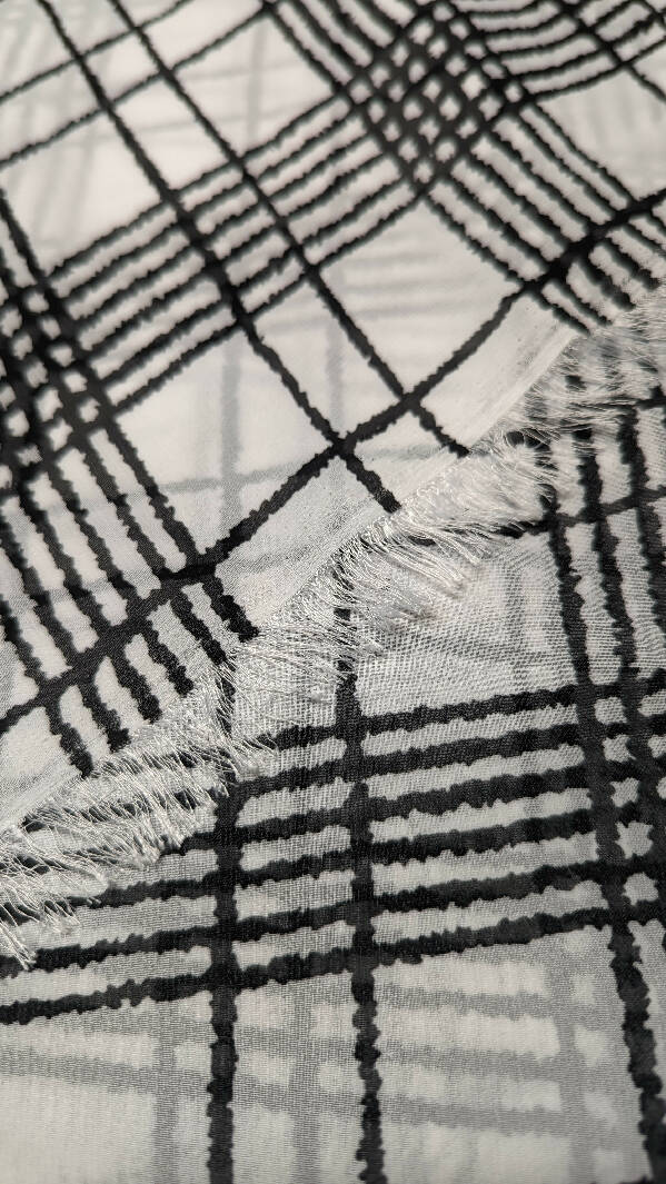 White/Black Irregular Plaid Polyester Chiffon Woven Fabric 57"W - 2 3/4 yds