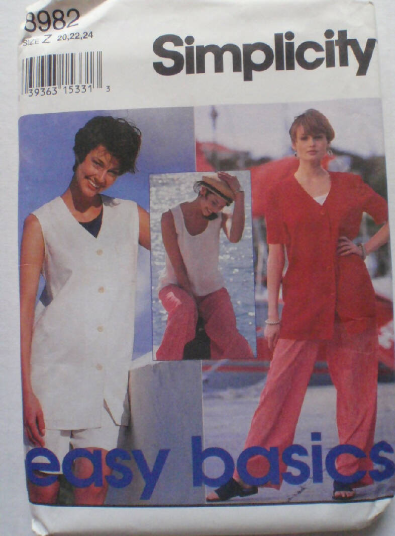 V8982 Pattern Simplicity 8982 Easy Basics Pants or Shorts, Top, Jacket, Vest Pattern ...