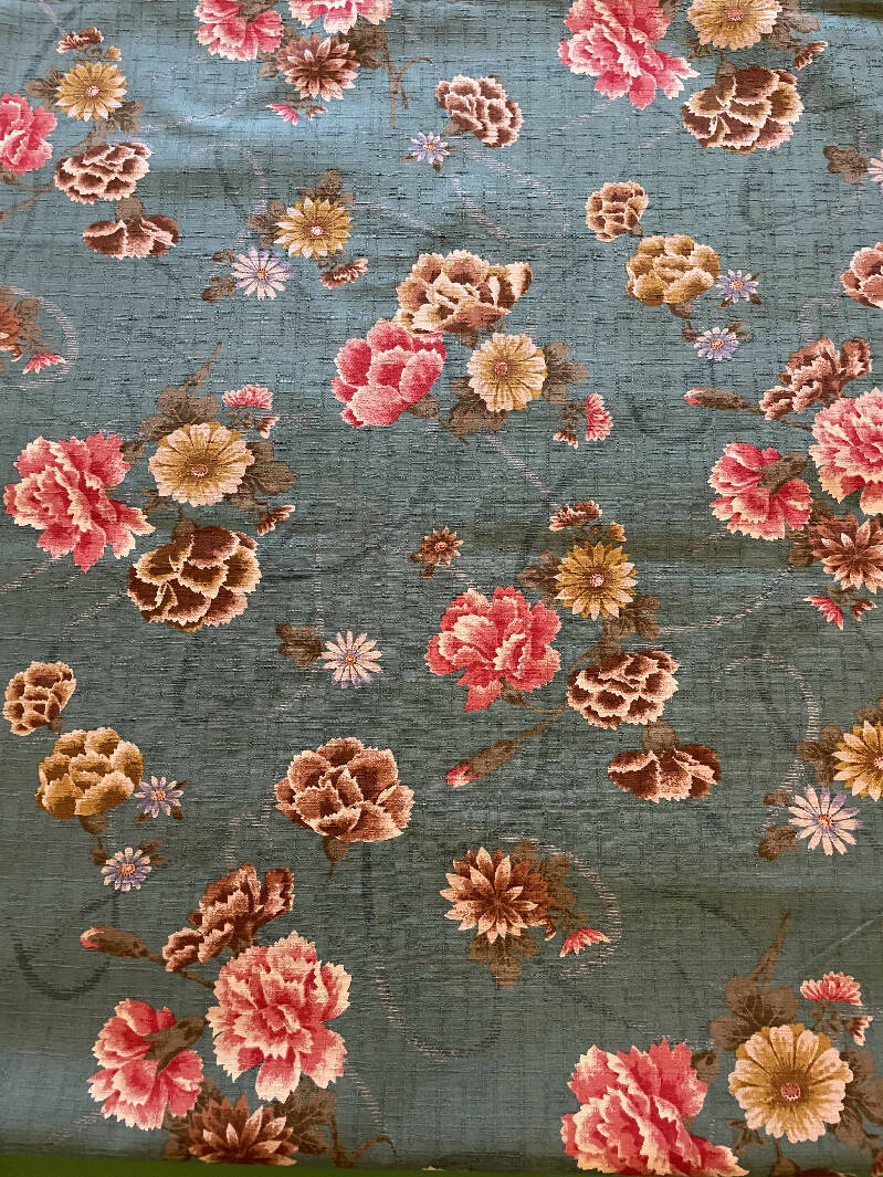 Japan Cotton, teal with rose, brown, blue cream flowers - 2.75 yards