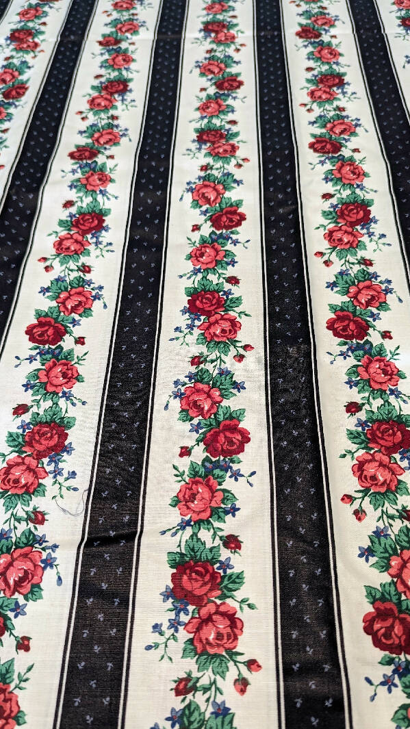 Vintage Navy Blue Striped Floral Quilting Cotton Woven Fabric 45"W - 3 1/2 yd